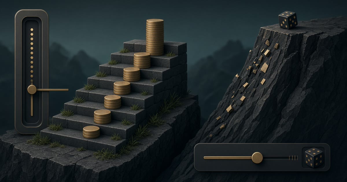 VFairGames Dice — gentle D'Alembert stake steps versus a Martingale cliff