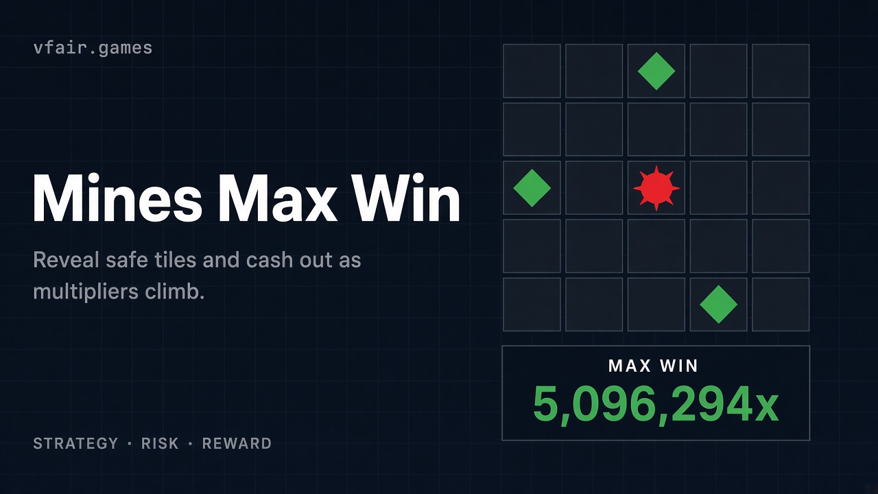 VFair Mines game — 5×5 grid, climbing multiplier, and cashout before a mine